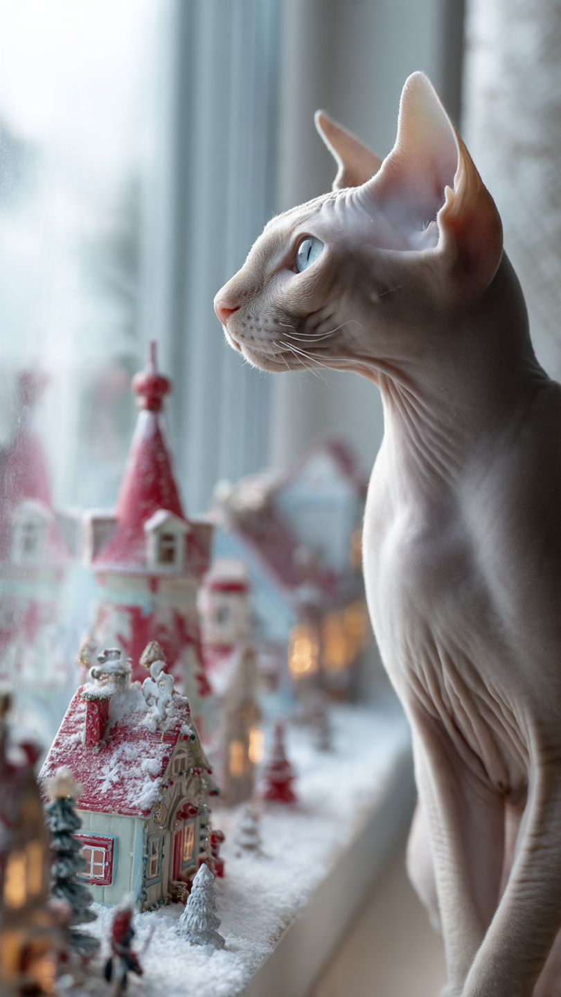 sphynx en la ventana navidad